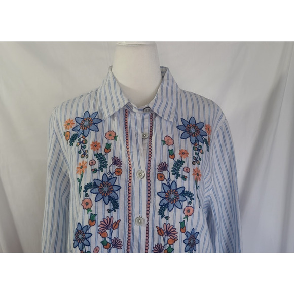 New John Mark White Blue Striped Embroidered Linen Tunic Top Medium - Picture 2 of 5